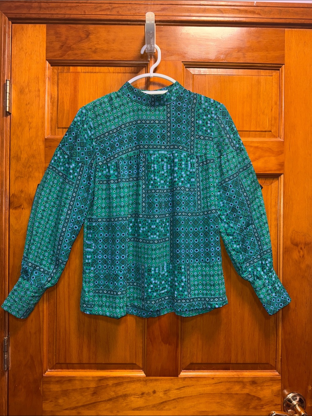 LOFT Green Patchwork Print Long-Sleeve Blouse